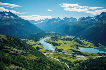 Fototapeta na wymiar Breathtaking Alpine Landscape: Majestic Mountains, Lush Forests, and a Picturesque River