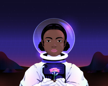 Astronaut in outer space holding a glowing flower on planet
