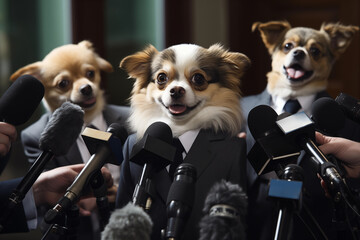 A nervous dog in a suit and tie is being interviewed by a group of reporters - obrazy, fototapety, plakaty