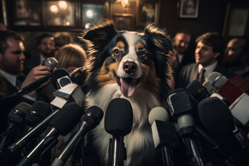 A nervous dog in a suit and tie is being interviewed by a group of reporters