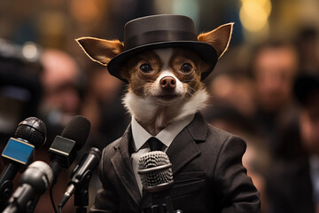 A nervous dog in a suit and tie is being interviewed by a group of reporters - obrazy, fototapety, plakaty