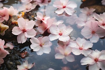Fototapeta na wymiar Blossom petals floating on a springtime rain puddle