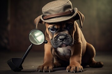 Boxer puppy with a detective magnifying glass