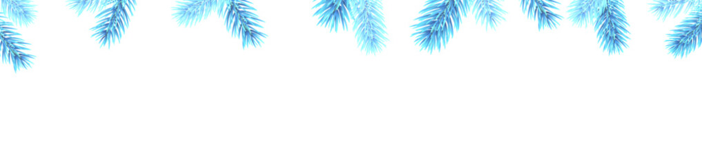 Fototapeta premium Horizontal banner with frame of bright blue fir branches and twigs on white background. Christmas holiday greeting card with space for text.
