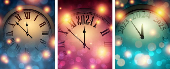 Obraz na płótnie Canvas New Year 2024 countdown orange clock over blue, purple backgrounds with defocused lights. Set of vertical banners.