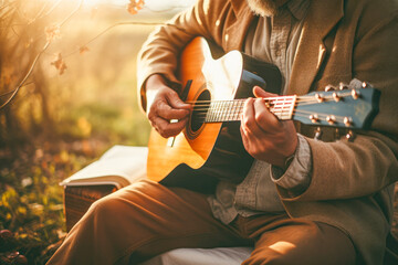 Close up of a man playing guitar and reading a book in the park