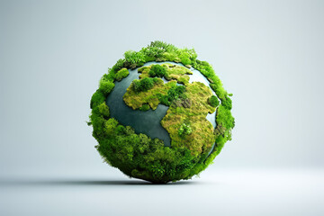 Green planet with grass and forest on white background.
