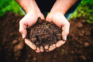 Human hands holding soil with green grass background. Earth day concept.