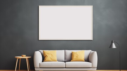 Mockup of a large painting the size of a sofa on a concrete wall. Living room with sofa, table and metal lamp.