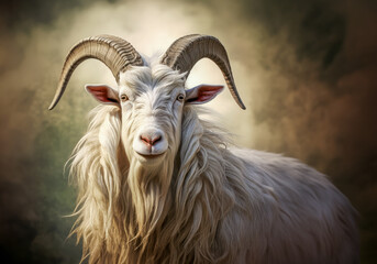 White goat with long horns on a dark background. Portrait.