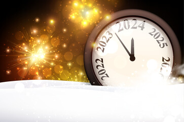 Naklejka na ściany i meble New Year 2024 countdown clock with golden blurred lights and fireworks.