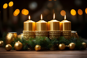 Four gold burning candles with decoration for german advent season. Christmas wreath on dark background.