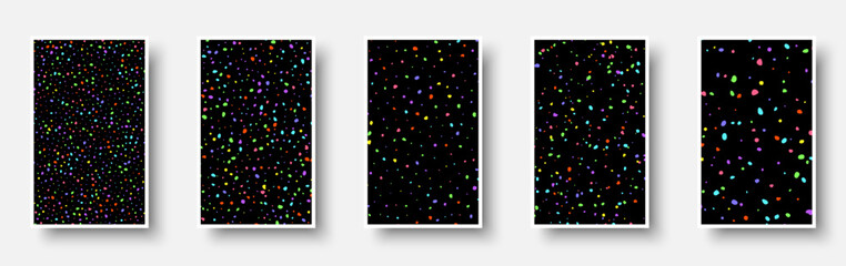 Set of black paper mockup cards with small colorful rough dots. Made for invitation, web pages, apps, party flyer, simple web design.