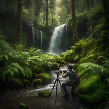 Photographer taking a photo of a beautiful waterfall in the rainforest