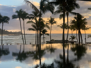 Fototapeta na wymiar Palm trees at sunset reflecting on an infinity pool with the ocean in the background in Oahu, Hawaii