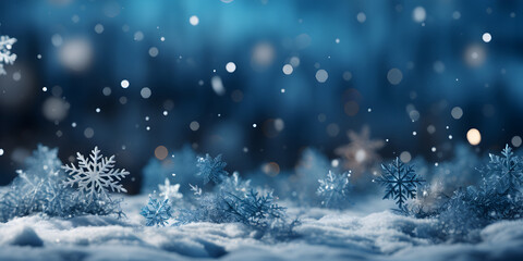 Fototapeta na wymiar Winter dark banner with snow, snowflakes, beautiful macro shot on the navy blue background with copy space.