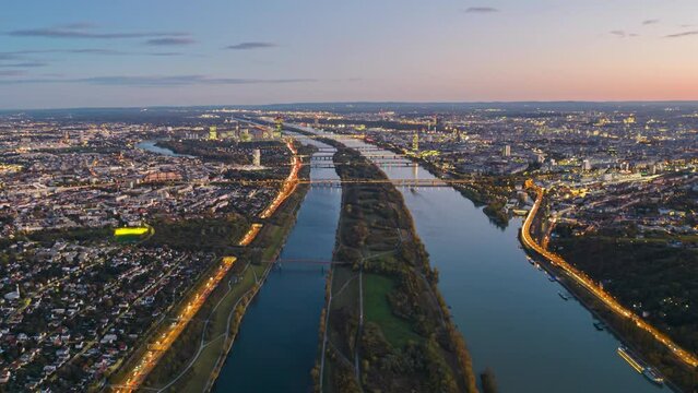 Day to night aerial hyper lapse Vienna city, Austria