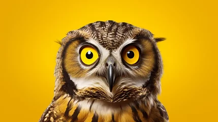 Fotobehang great horned owl isolated on yellow  © rai stone