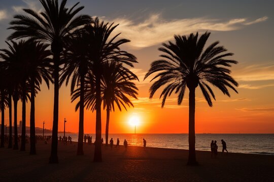 Beach sunset with Barceloneta’s palm trees silhouette