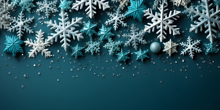 Christmas flat lay banner with snow, snowflakes, beautiful macro shot on the dark navy blue background with free space.