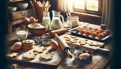 Homemade Easter Joy: Rustic Kitchen with Easter Cookies, Baking Tools, and Spring Sunshine