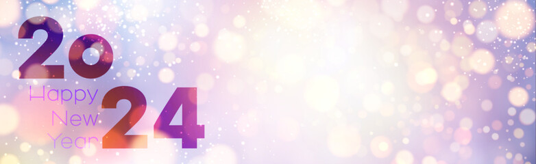 New Year 2024 gold and purple gradient horizontal banner with beautiful sun rays and blurred yellow round lights.