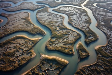 Bird's-eye view of river delta, branching patterns