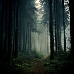 Naklejka premium Sunbeams filtering through a misty coniferous forest at dawn. Shallow field of view.
