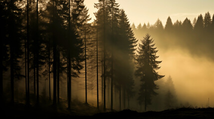 Sunbeams filtering through a misty coniferous forest at dawn. Shallow field of view.