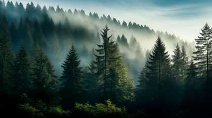 Sunbeams filtering through a misty coniferous forest at dawn. Shallow field of view.