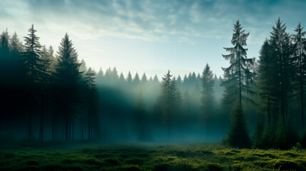 Sunbeams filtering through a misty coniferous forest at dawn. Shallow field of view.