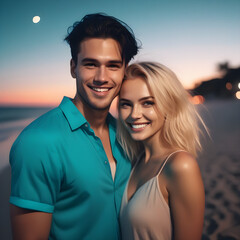 A happy beautiful couple laughinf by the beach