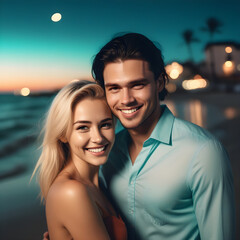 A happy beautiful couple laughinf by the beach