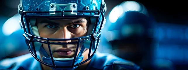 Poster A close-up photo of an American football player. Space for text © TopMicrobialStock