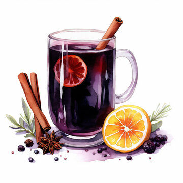 Watercolor hand painted cup of hot red wine with lemon and honey simple sketch illustration isolated on white background. Hand drawn clip art for menu and ads