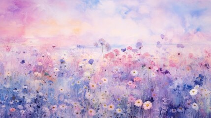  a painting of a field of flowers with a blue sky in the background and a pink sky in the background.