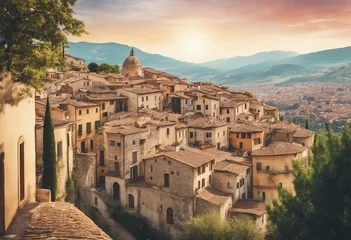 Fotobehang Enchanting Italian Landscape: Watercolor Panorama of an Old Hillside Town on Art Postcard © FrameFinesse