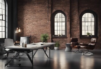 Modern loft office interior with old vintage brick wall New Yorker Artistic workspace - obrazy, fototapety, plakaty