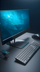 Computer monitor with keyboard and mouse on dark background. 3D rendering