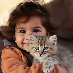 AI-generated illustration of an outdoor portrait of a young boy holding his pet cat. MidJourney.