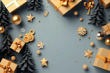 Christmas background with gift box and christmas tree, new year banner background
