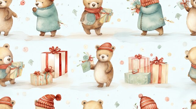  a watercolor painting of a bear holding a gift box and another bear with a hat and scarf around its neck.