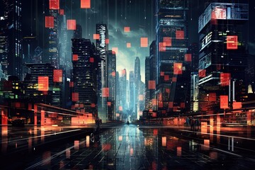 Obraz premium Cyberpunk cityscape with algorithmic patterns