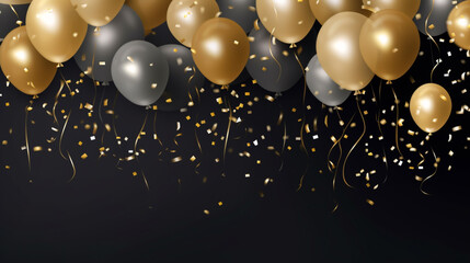 New year celebration golden balloons, confetti template - obrazy, fototapety, plakaty
