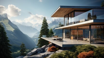  a picture of a house on a cliff with mountains in the back ground and trees in the front of the house.