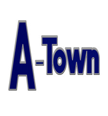 A town or A-Town nickname for towns starting with letter A graphic with dark blue or navy blue lettering on white background.  Great for travel topics.