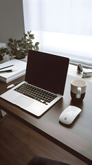 Close up of modern workplace with laptop. coffee cup and other items on wooden table