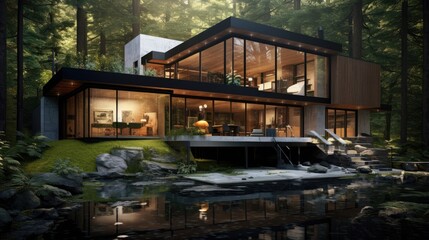 Fototapeta premium a house in the middle of a forest with a lake in front of it and a dock in front of it.