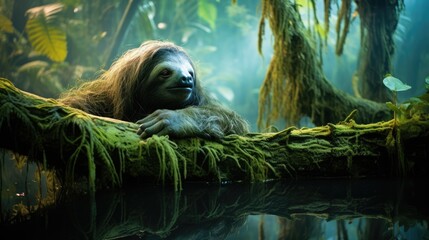  a sloth is resting on a log in a forest filled with green plants and mossy vegetation, with a reflection of its face in the water. - obrazy, fototapety, plakaty