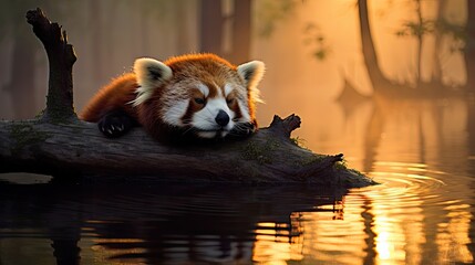  a red panda sleeping on top of a tree branch in a body of water with a sunset in the background.